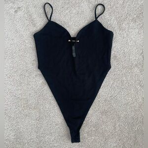 h:ours Deep Plunge Black Bodysuit